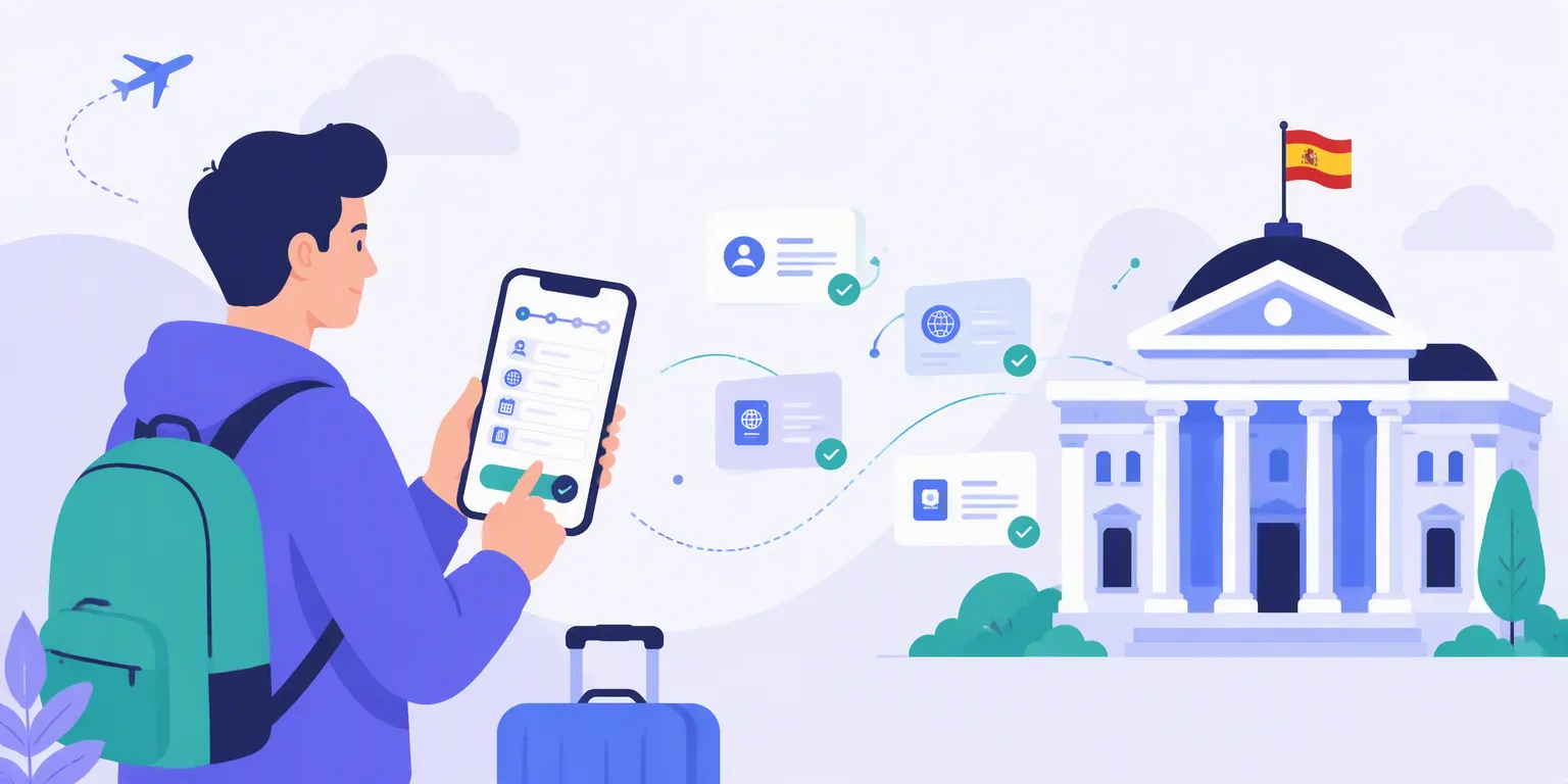 Viajero completando su check-in online en el móvil y datos enviándose a las autoridades