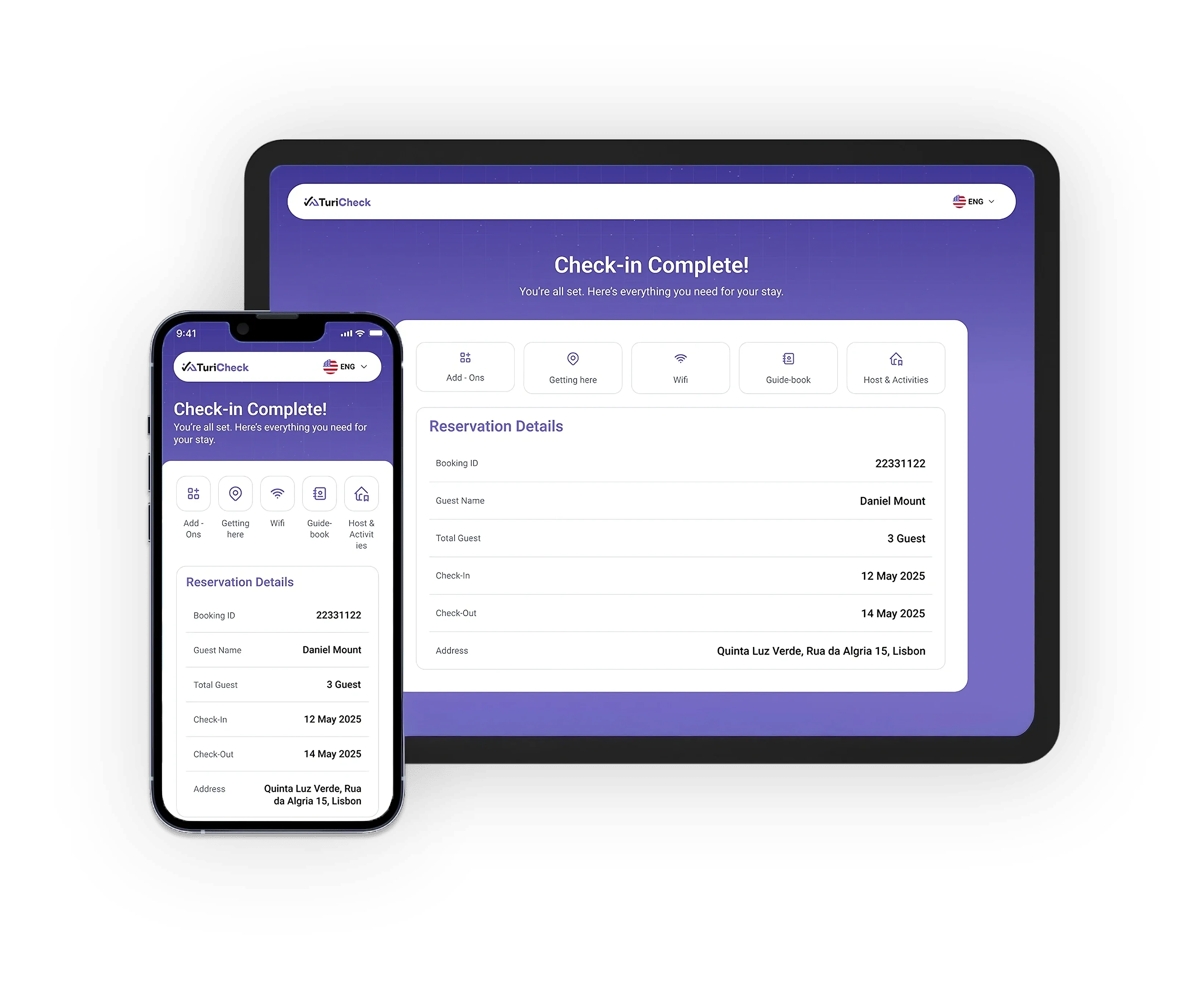 Pantalla de check-in completado de TuriCheck en tablet y móvil